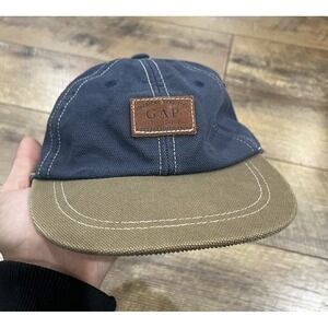 Vintage 90s GAP Canvas Workwear Hat Leather Patch Blue Brown Adjustable‎ Cap